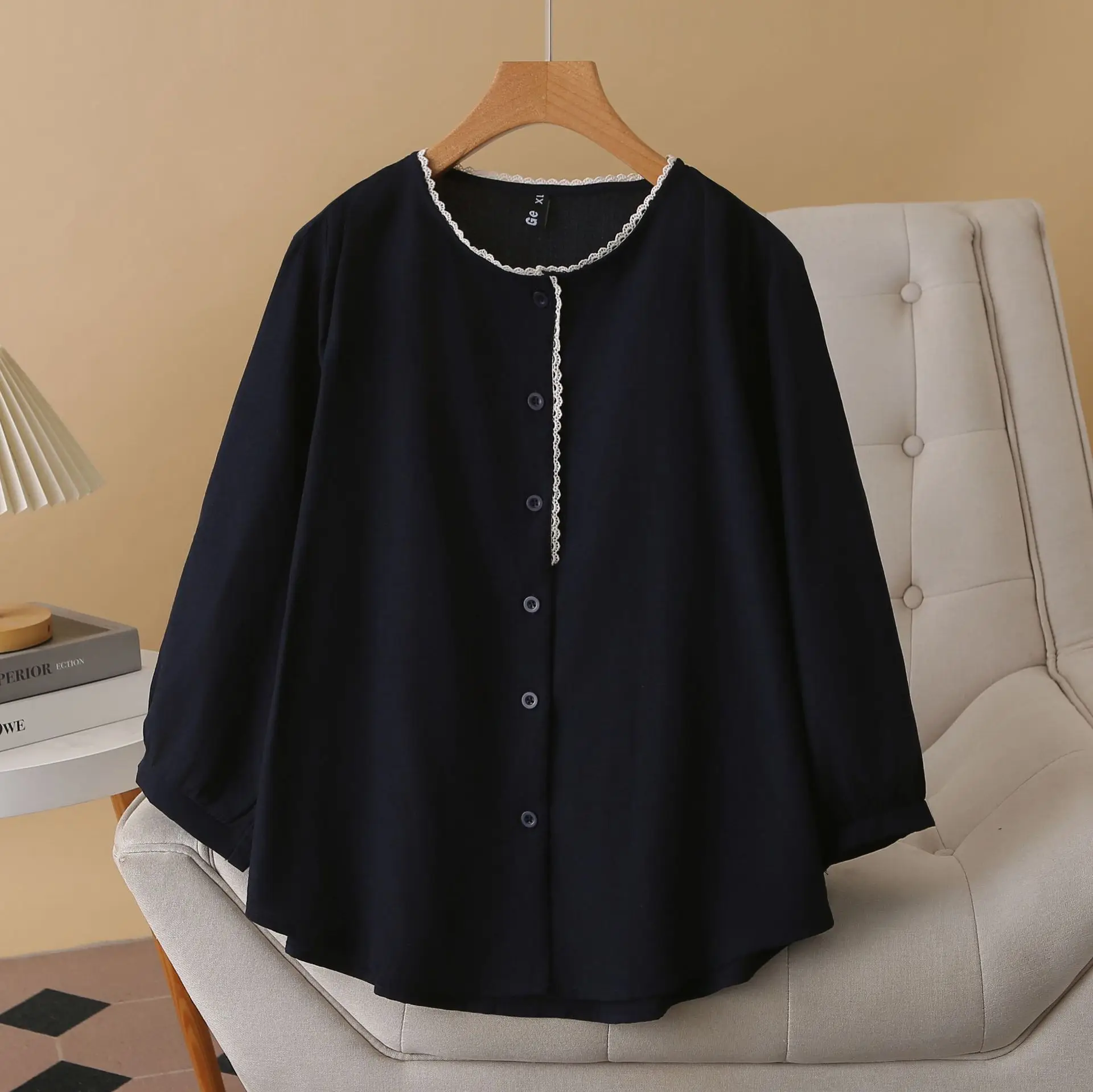 Plus Size Women's Bouses 2025 Autumn New Style Casual Lace O-Neck Three Quarter Sleeve Shirt 954