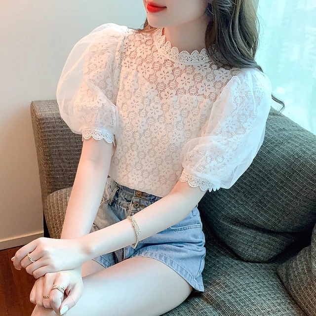 Women's Lace Beaded Shirt 2023 Summer New Korean Fashion Design Short  Sleeve Chiffon Tops Slim Temperament Sweet Ladies Blouse