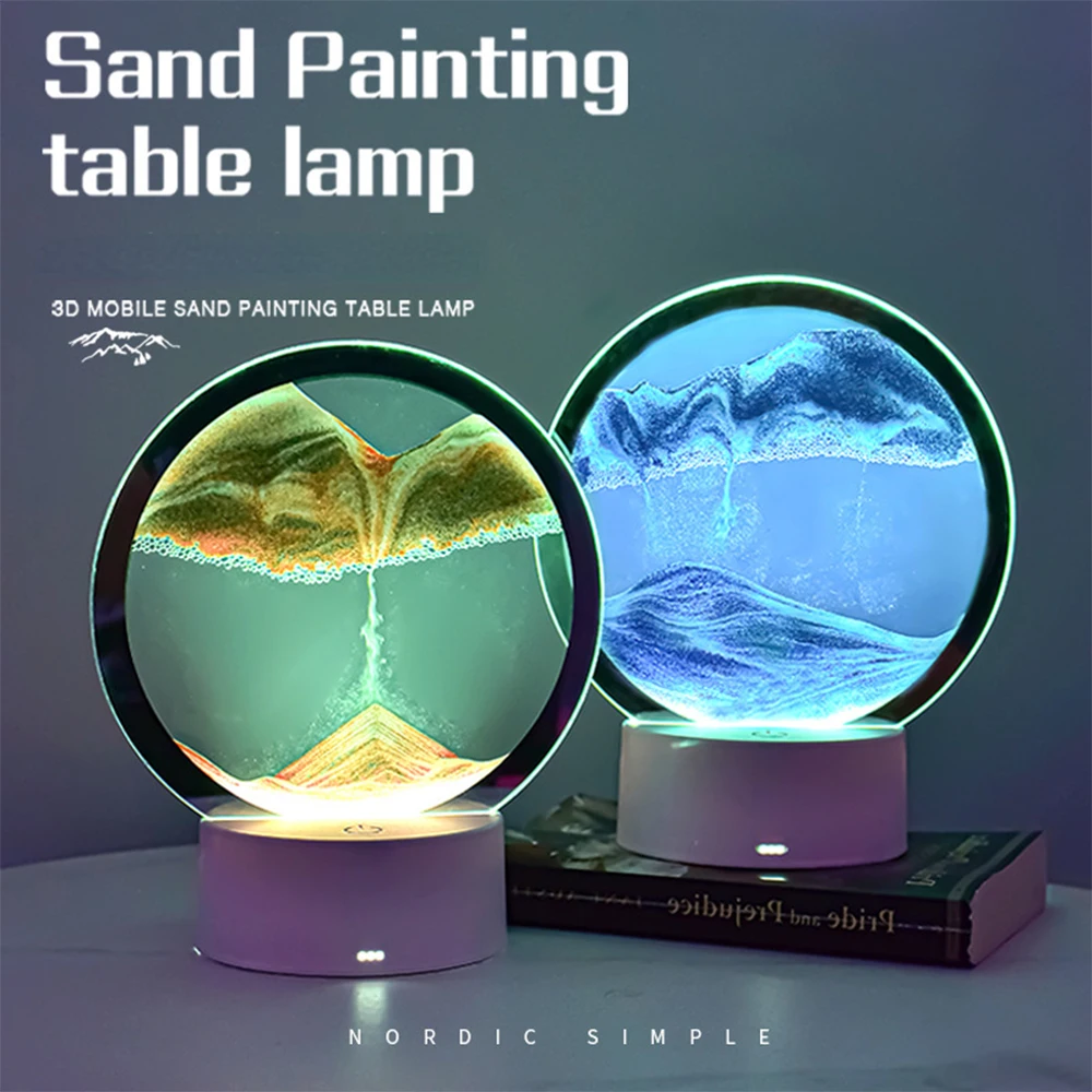 LED Moving Sand Art Night Light USB Sandscape Table Lamp 3D Deep Sea Sandscape Hourglass Light 7 Colors Bedside Lamp Home Decor