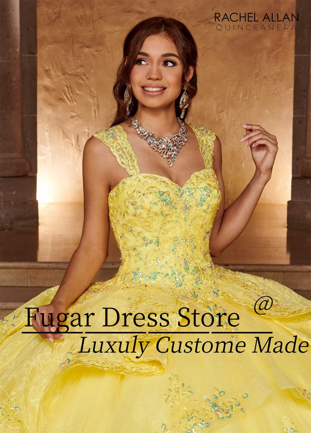 Yellow A-line layering Quinceanera Dresses Fashion Strapless Sequin embroidery beads Detachable bow tie