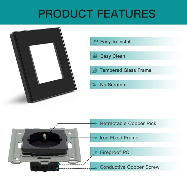 BSEED EU มาตรฐานซ็อกเก็ตไฟฟ้าผนัง Type-C ปลั๊กไฟผนัง USB ชาร์จพอร์ตแผงกระจกเด็กป้องกัน 16A 4