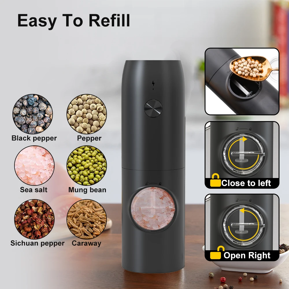 2 Pcs Electric Pepper Grinder Set with USB Cable Charging Base Brush  Rechargeable Salt and Pepper Mill Stainless Steel Automatic Pepper Mill  Adjustable Coarseness Mills for Spice Kitchen Cooking 