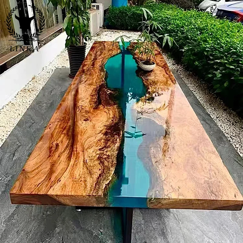 

Custom epoxy resin art design river table wooden tea table log solid wood large board table black sandalwood walnut table