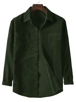 Camicia casual da uomo con risvolto in tinta unita in velluto a coste a maniche lunghe 1