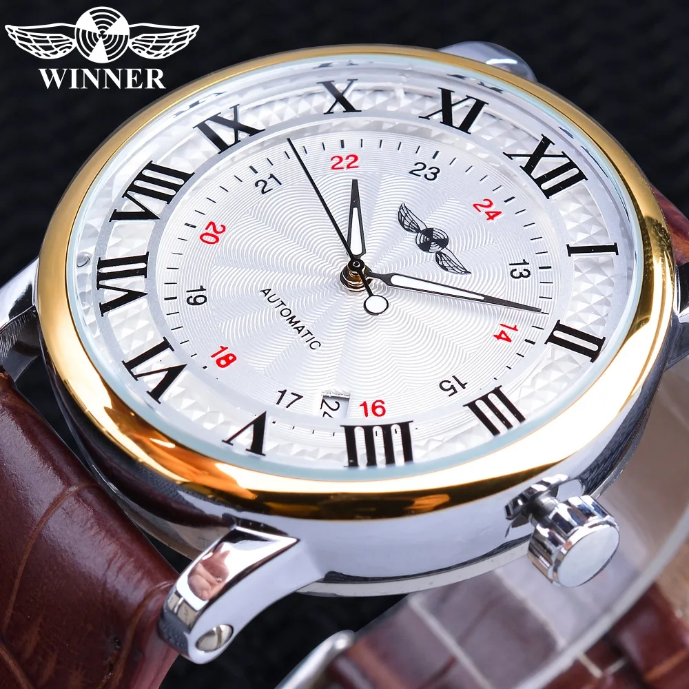 Winner 2019 Fashion White Golden Clock Date Display Brown Leather Belt Mechanical Automatic Watches for Men Top Brand Luxury automatic retractable awning 300x250 cm orange and brown