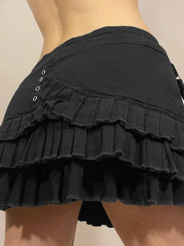 Pleasted Patchwork Gothic Mini Denim Skirts Y2K Sexy Aesthetic 2000s A-line Women Bottoms Fashion Grunge Clothes