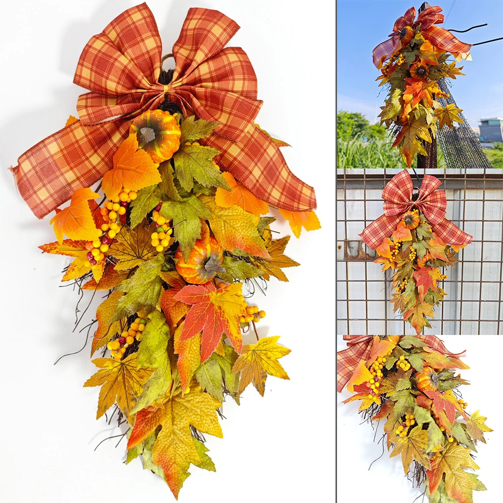 

Autumn Simulation Maple Leaf Garland Pumpkin Garland Halloween Thanksgiving Harvest Festival Maple Leaf Bow Garland Wall Hanging