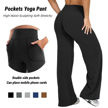 Pantalon de yoga évasé taille haute pour femme, effet ventre plat, rehaussement des fesses, deux poches, extensible, doux et fluide, pour le sport et le bureau