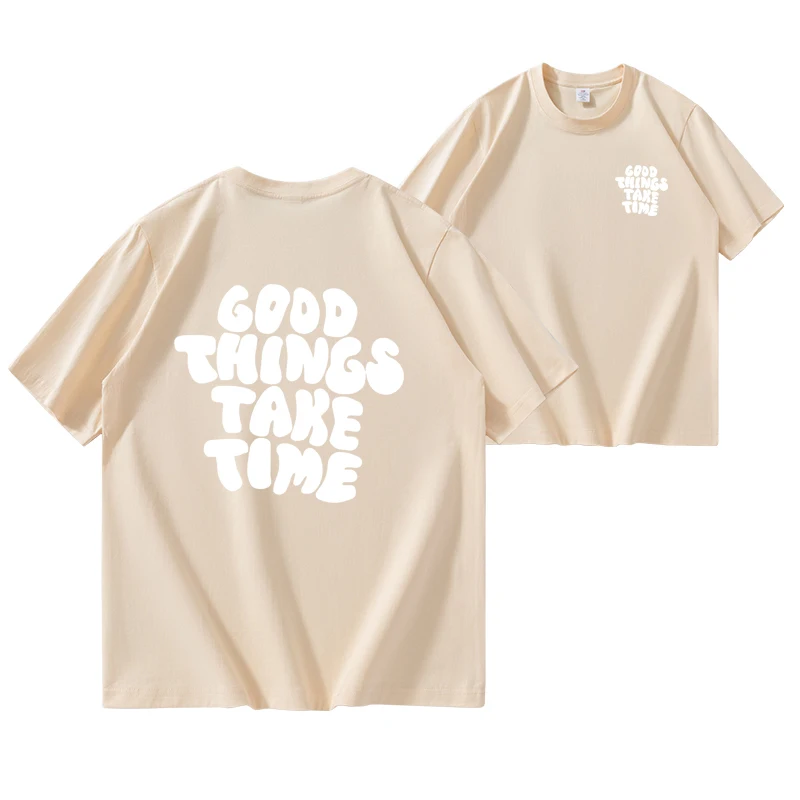 Gode ting tar tid Mønstertrykk Behagelig T-skjorte, Grafisk T-skjorte sommer utendørsklær, Herreklær, Overdeler for menn_voghion.com