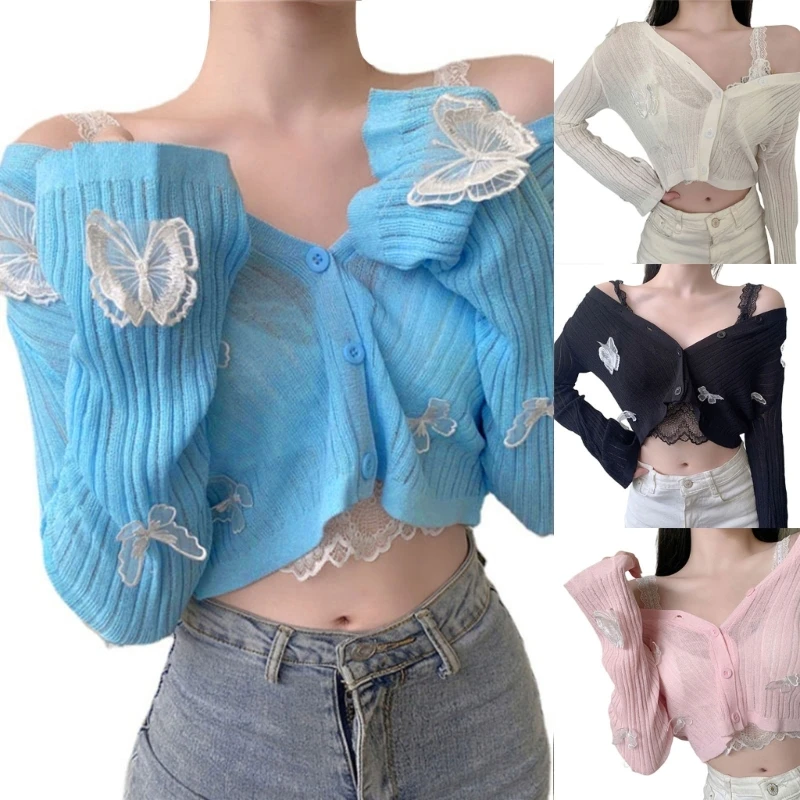

Women Summer Thin Mesh Long Sleeve Cropped Cardigan 3D Embroidery for Butterfly Ribbed Knit Button Down Sweater for P8DB