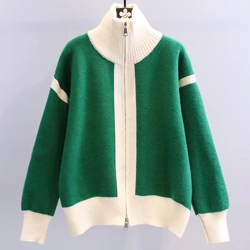 

Stand Collar Zipper Design Sense Sweater Coat Women's Spring And Autumn 2022 New Color Contrast Knitted Cardigan