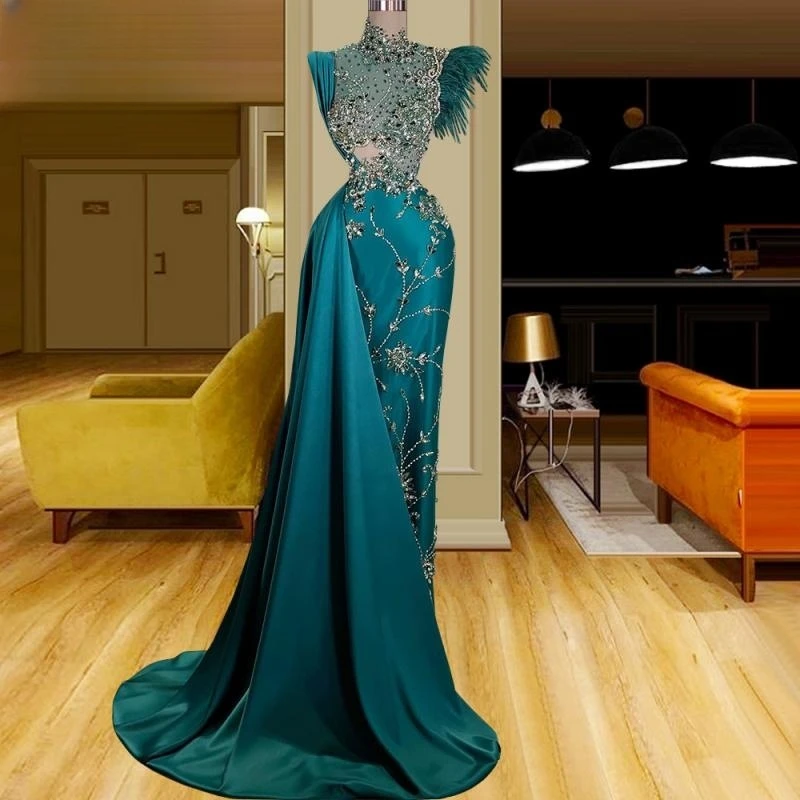 

Floria Feather Dark Green Beaded Long Mermaid Evening Gowns Embroidery Arabic Prom Party Gowsn with Train 2023 Vestido De Novia
