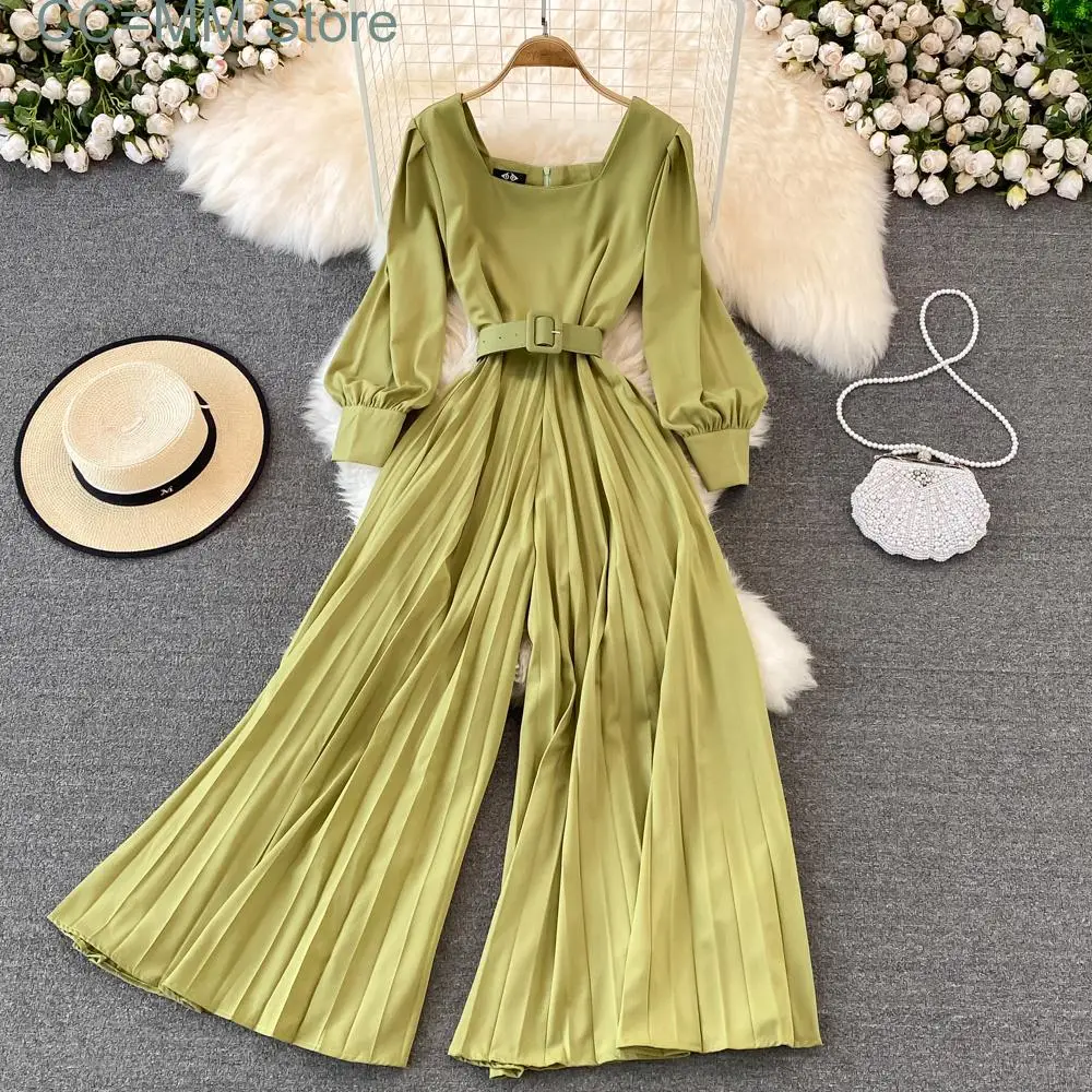 New Sweet Style Women Jumpsuits Pleated Square Collar High Waist Solid Color Lace-up Jumpsuit Spring Summer