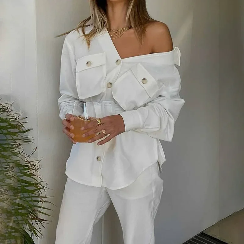 Autumn and Winter Ladies 2024 Chic Lapel Jacket with Belt Solid Color Long-sleeved Pocket Coat Lapel Elegant Shirt Jacket Women