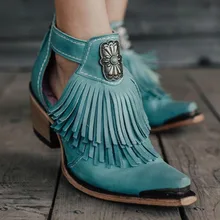  Vintage Ankle Boots Women Ethnic PU Leather Hollow Tassel Sandals Roman Pointed Toe Low Heel Biker Botas Fashion Ladies Shoes 
