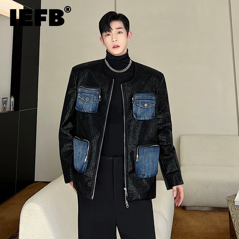 

IEFB Men's Leather Jackets Coat Denim Patchwork Multiple Pocket Niche Design Zipper Casual Streetwear Autumn New Clothing 9C2162
