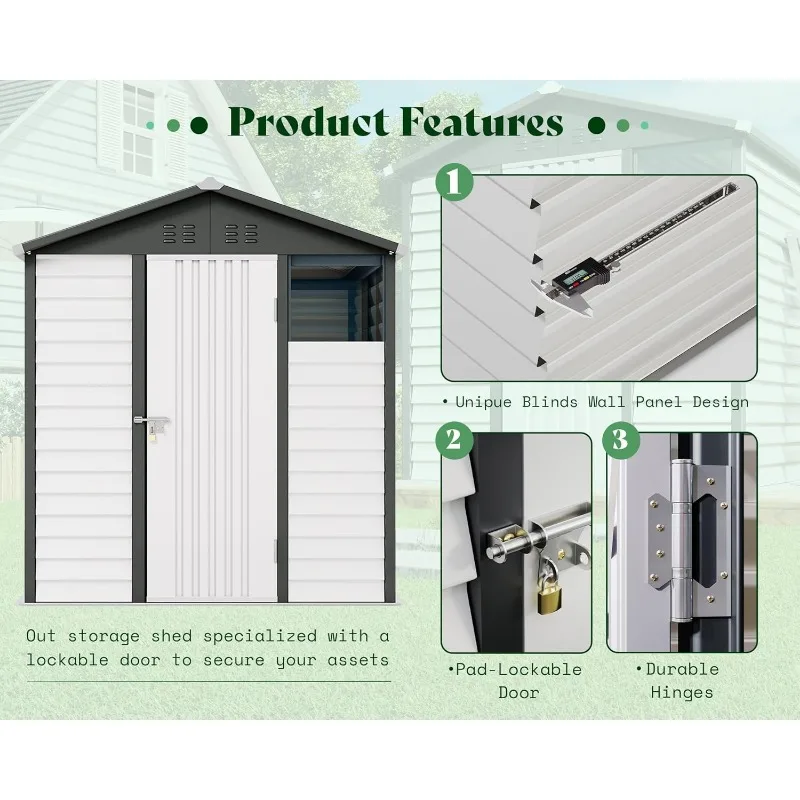 6.4 4x9x7 FT outdoor storage shed with louver design metal shed, dark grey/white shelter