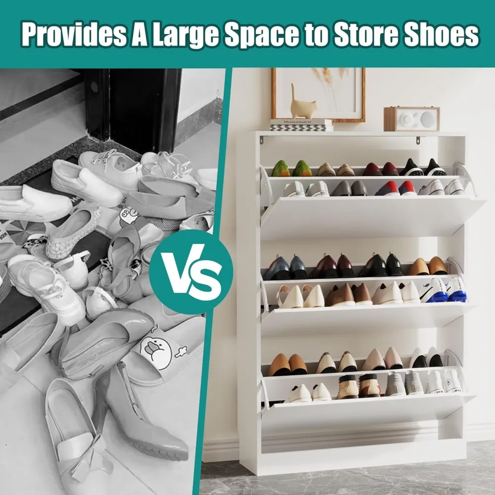 Shoe Storage Cabinet for Entryway with 3 Flip Drawers, Sturdy Wood Hidden Shoe Storage, Freestanding Narrow Slim Shoe Organizer 5
