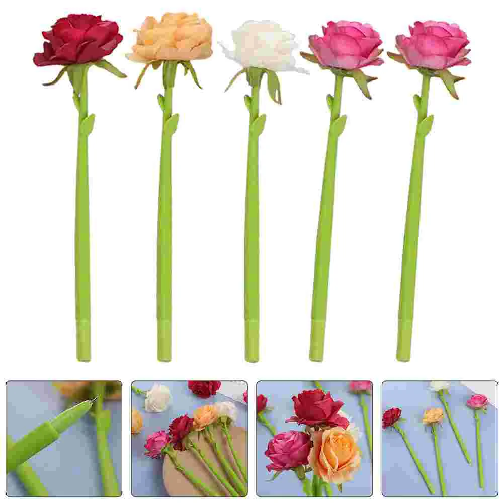 

5 Pcs Rose Ballpoint Pen Floral Signing Pens Students Stationery Portable Ink Flower Shaped Writing Comfortable Grip Gold