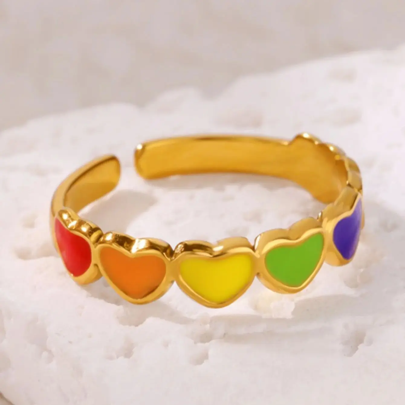 Rainbow Heart Rings Gold Stainless Steel Adjustable Wedding Jewelry