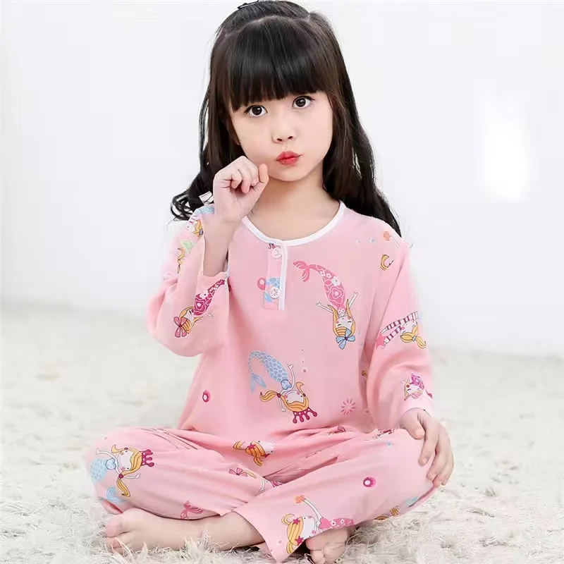 Summer Children's Cotton Silk pajamas Boys And Girls Home Clothes Baby Long-sleeved + Trousers Two-piece Kid's Brethable Suit cute pajama sets	 Sleepwear & Robes