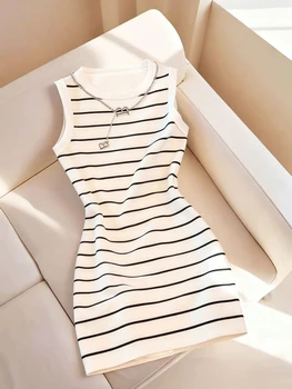 Women's Spring/Summer Casual Elegant Sleeveless Slim-Fit Round Neck Striped Print Dress 1