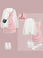 Plus Size Pendant Pleated Dress White Shirt Holiday Casual Two Piece Suit Teenage Style Graduation Season Sweetie - Image 6