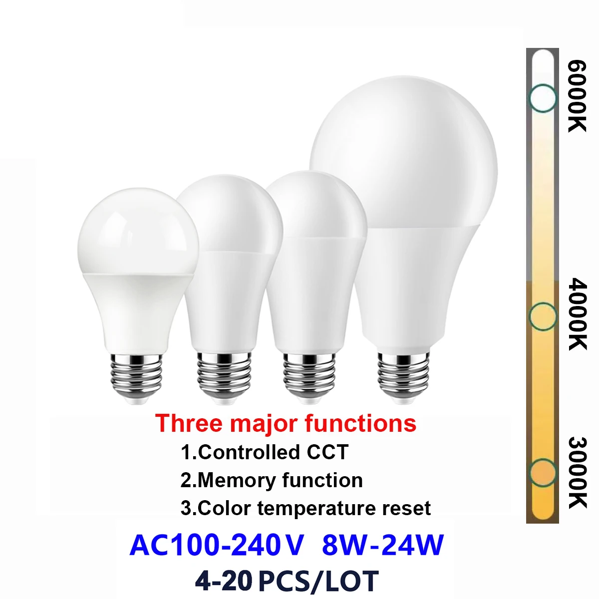 4-20PCS AC110V/AC220V Smart 3-color dimmer light bulb with memory with memory E27 B22  Light Real Power 8W-24W No strobe light