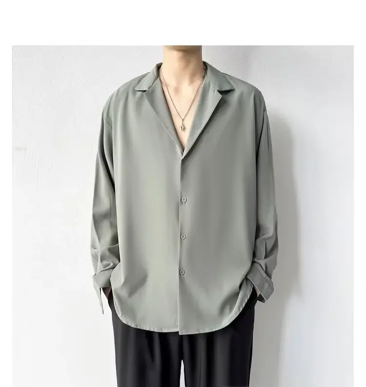 Koreanische Mode männer Hemd Frühling Sommer Neue Lose Beiläufige Lange ärmeln Revers High Street Männlichen Anzug Hemd Weiß schwarz Grau Grün – Detail 18