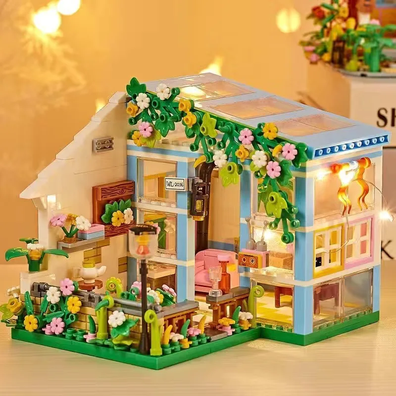 Building Block With Light Set Plant DIY Assembly Building Blocks Decoration Children Bricks Toy Holiday GiftsFood House