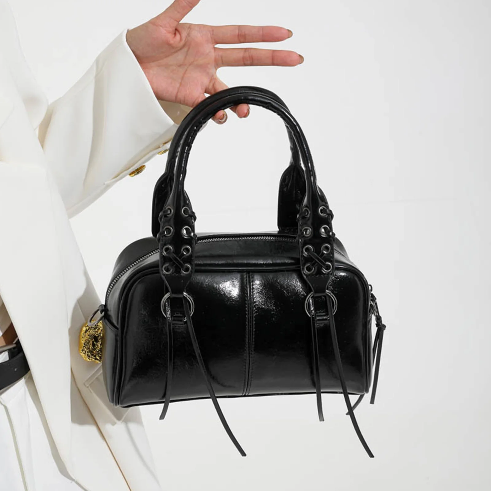 Women PU Tassels Top Handle Bag Grommet Eyelet Shoulder Bag Pillow Bag for Work Travel