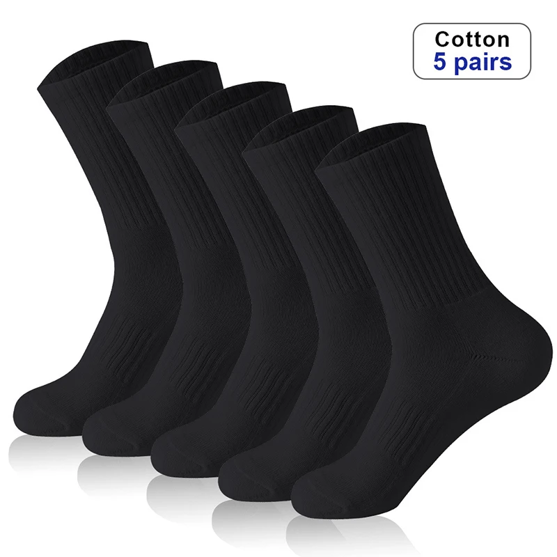 

5Pairs High Quality Autumn And Winter Men Black Socks Pure Cotton Sweat Absorbing Deodorant Solid Color Medium Tube Sports Socks