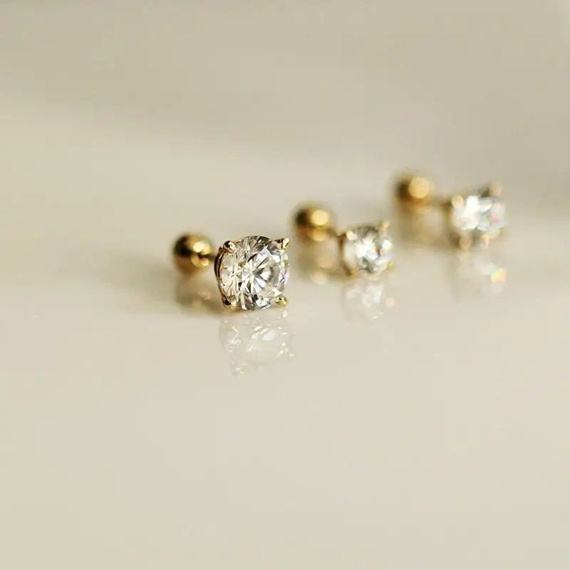 GOLDtutu 14K Gold Inlaid with Shiny Zircon, Mini Four Claw, Six Claw, Screw Stud for Women, New, kj216, 2022