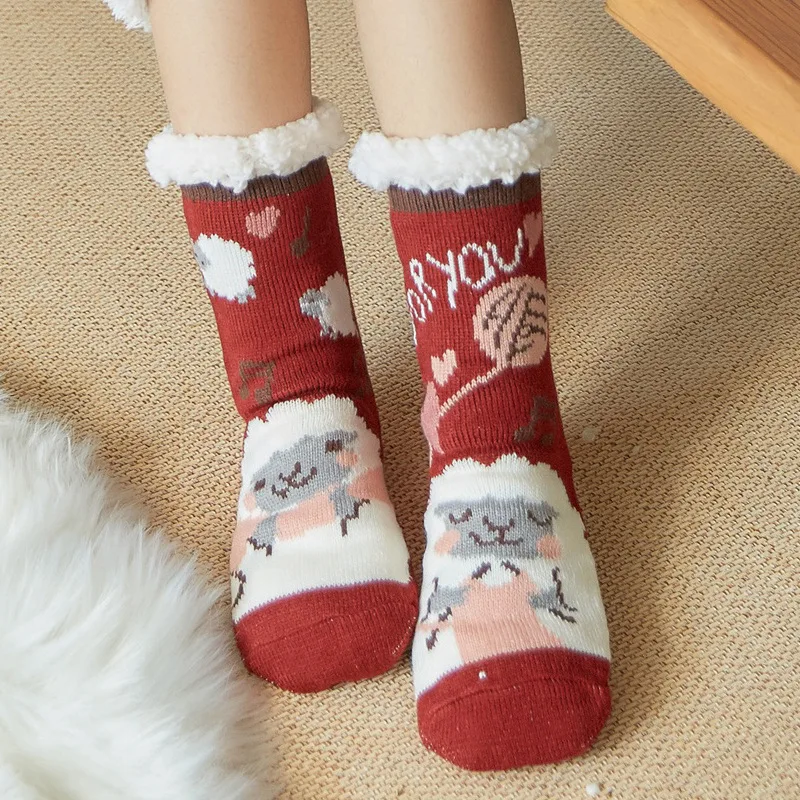 

Thermal Socks Women Winter Warm Plush Soft Female Slip Non Home Short Floor Grip Fuzzy Sock Fluffy Funny Deer Elk Cat Christmas