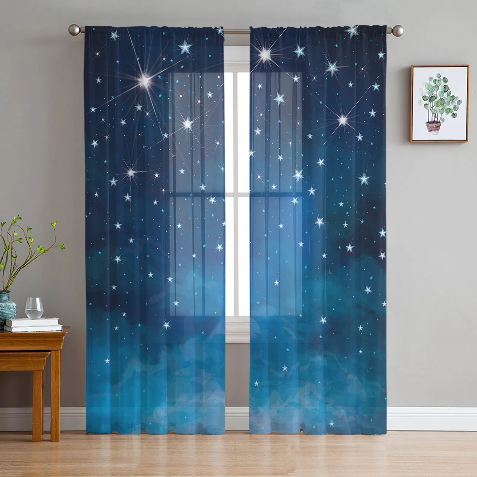 thumbnail image 1 of Cortinas transparentes con diseño de cielo nocturno, estrellas y luna, para sala de estar, ventanas, dormitorio, cocina, decoración del hogar, cortinas de gasa, 1 of 5