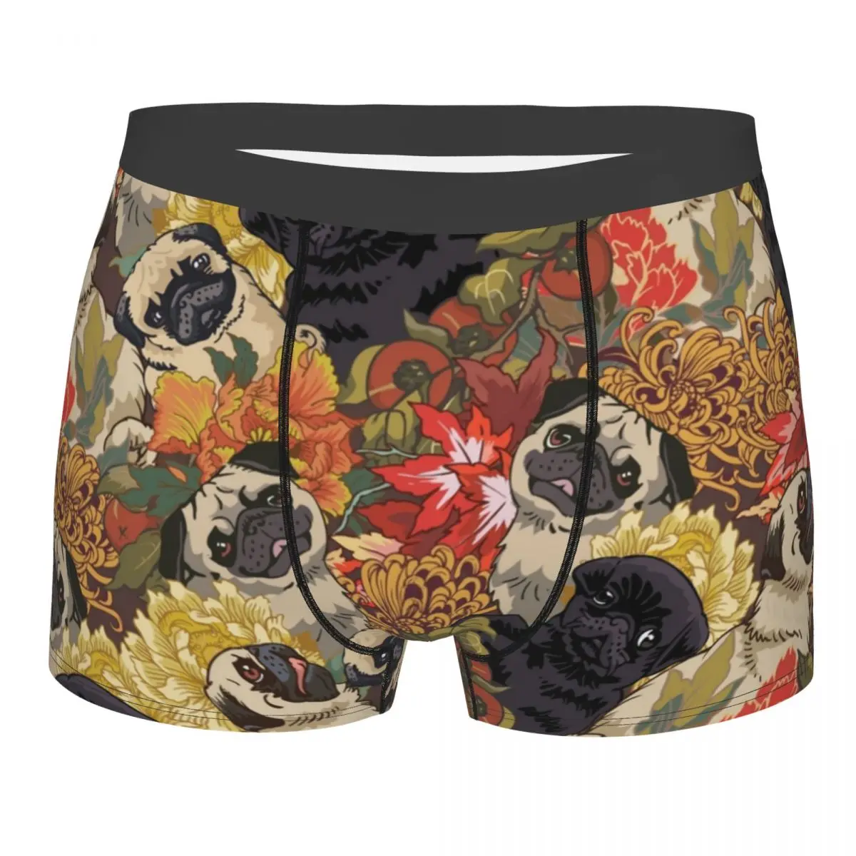 

Because Pugs Autumn Flower Men Underwear Cute Dog Boxer Shorts Panties Funny Mid Waist Underpants for Male