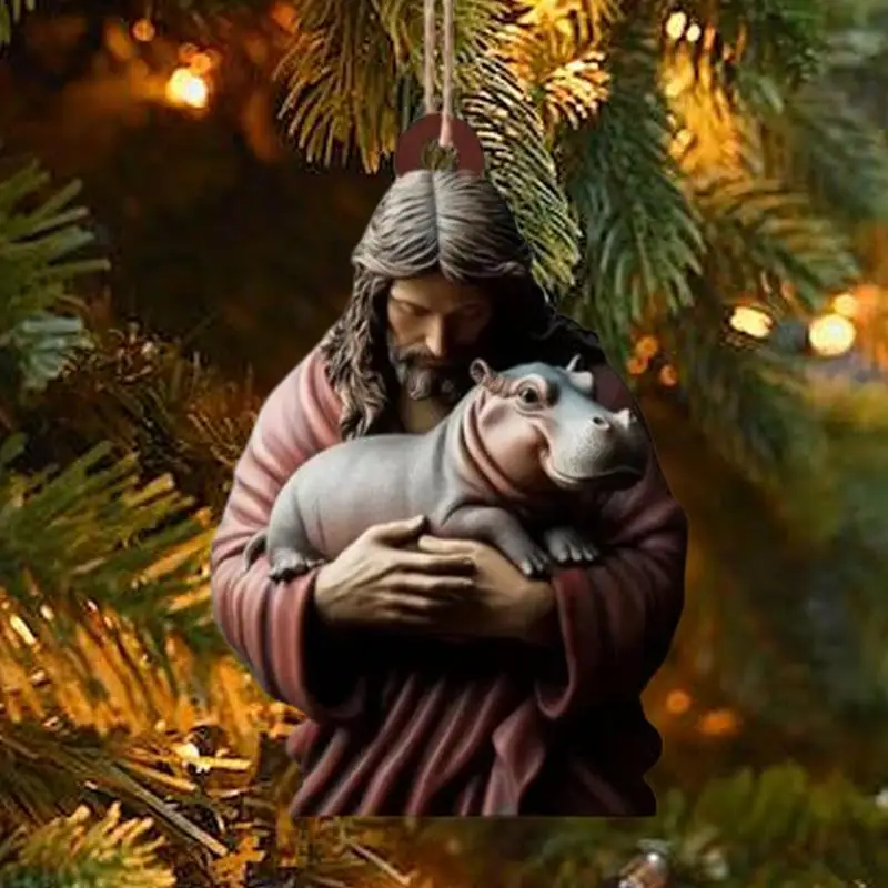 Christmas Jesus Love Moo Deng Keychains Hippopotamus Ornaments 2D Acrylic Decoration Christmas Tree Hangable pendant Keyrings