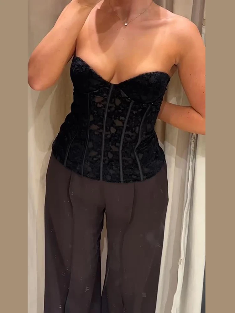 Samt-Spitzen-Korsett-Tops für Damen, sexy trägerloses, ärmelloses, rückenfreies Reißverschluss-Oberteil, charmante Damen-Frühlings-Clubwear, Partykleidung, neu – Detail 14
