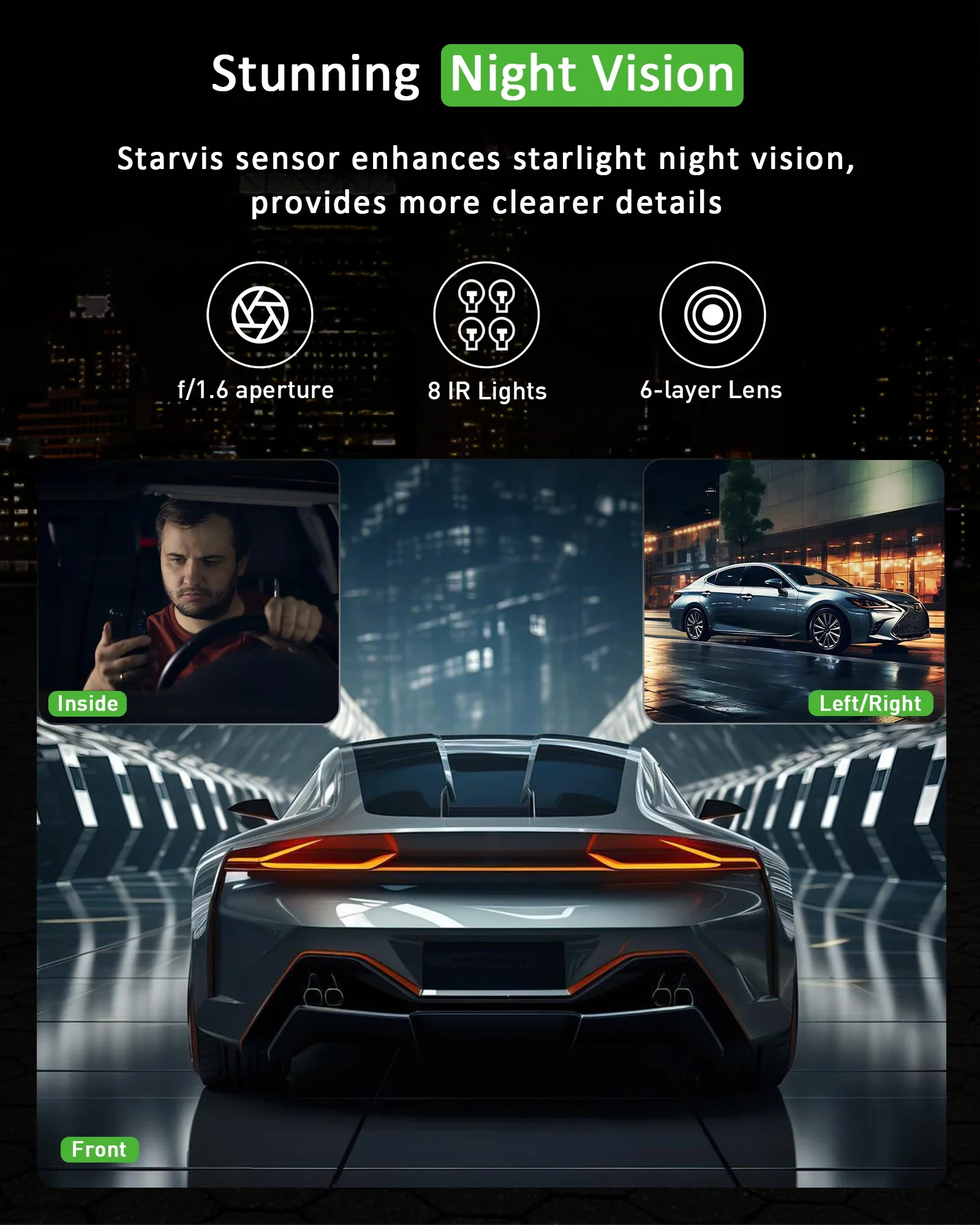 Three Lens Car Camera Dash Cam with Rear View DVR