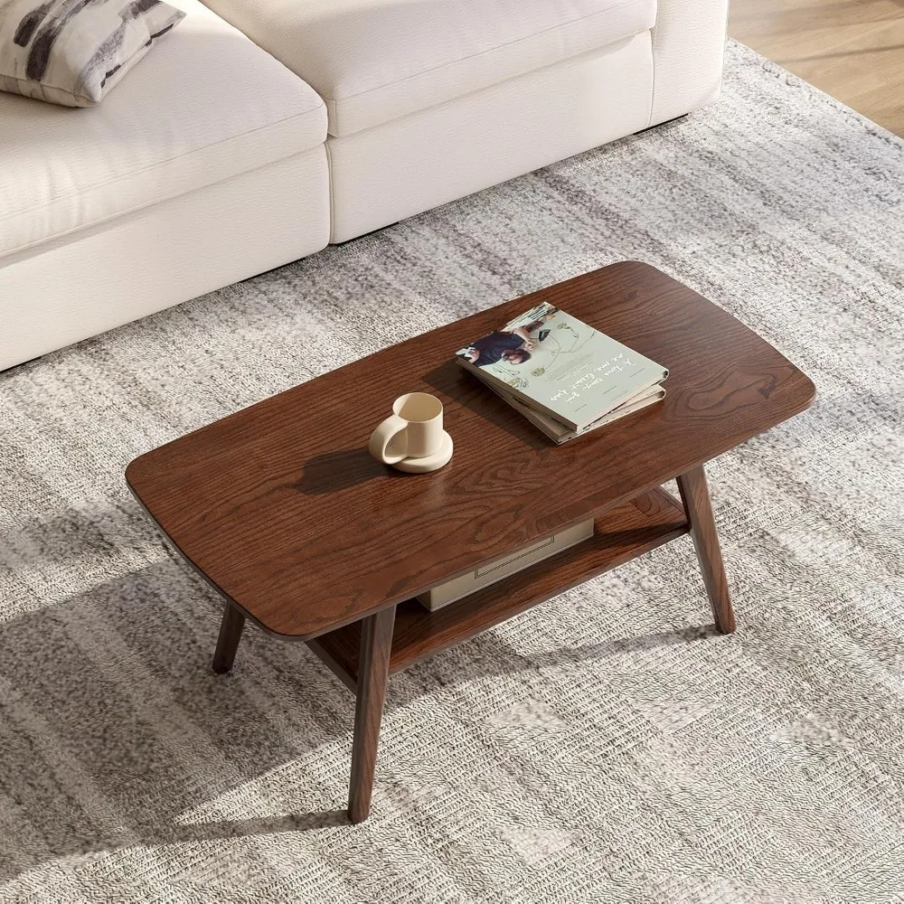 100% Solid Oak Wood Coffee Table for Living Room, Small Coffee Table with Shelf Storage, Mid Century Modern Coffee Table with Ro 6