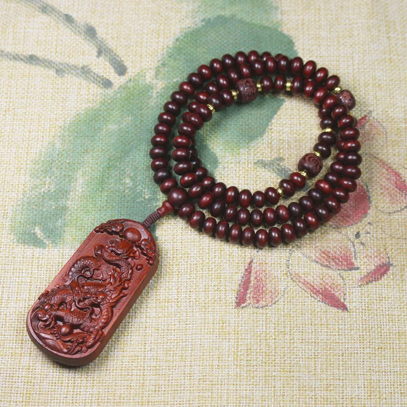 Hot Sales 2023 Eaglewood Sandalwood Dragon Phoenix Pendant Men Women Prayer Necklace Natural Wooden Beads Meditation Necklace