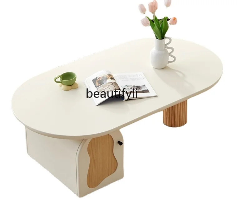 

Coffee Table Creative Modern and Simple Living Room Home Tea Table Japanese Style Small Apartment Solid Wood with Cabinet Oval
