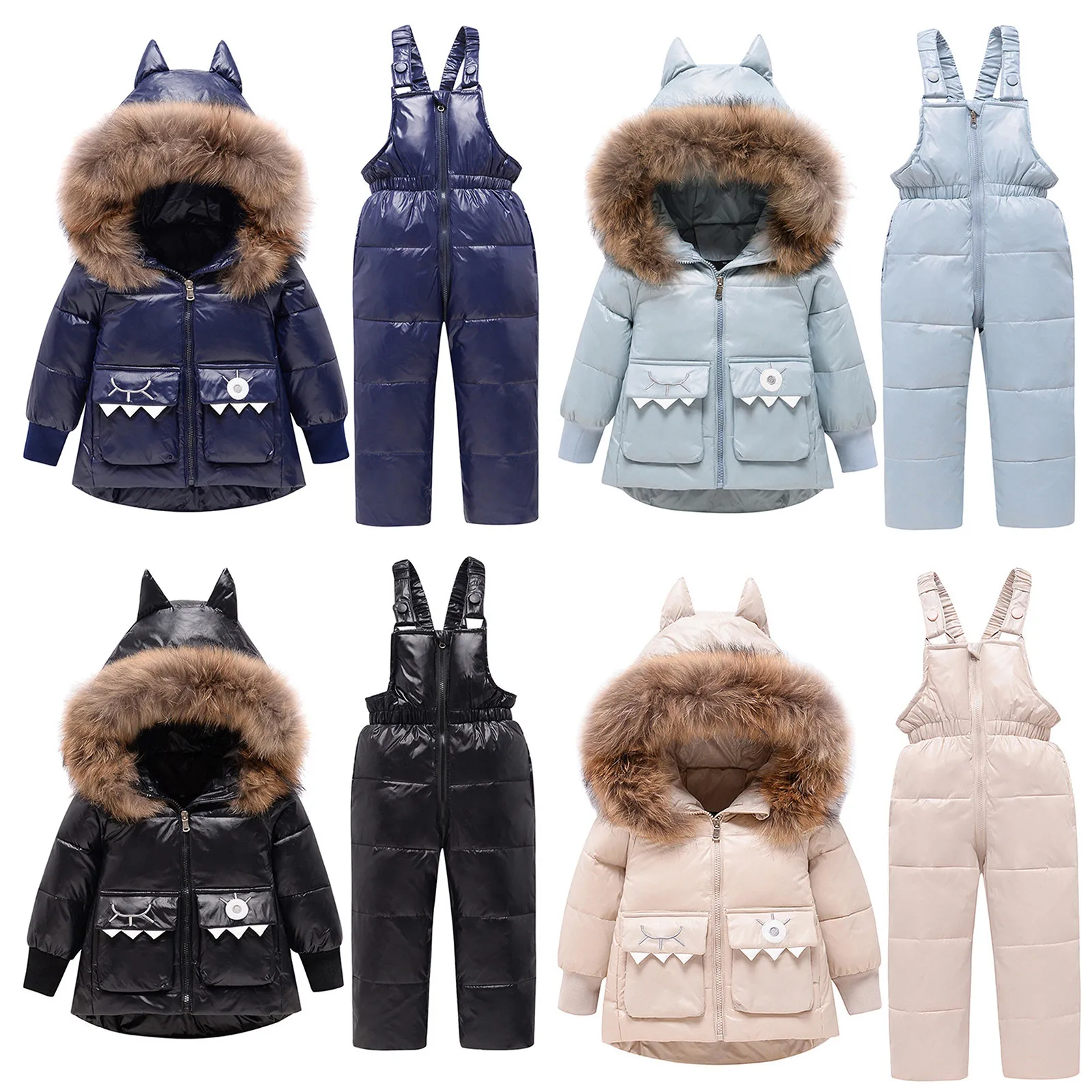 

Kids Baby Girls Cartoon Hooded Down Jacket Coat Snowsuit + Bib Pants 2 Piece Set Clothing Sets For Children Girl Cloth 아동 상하복 세트