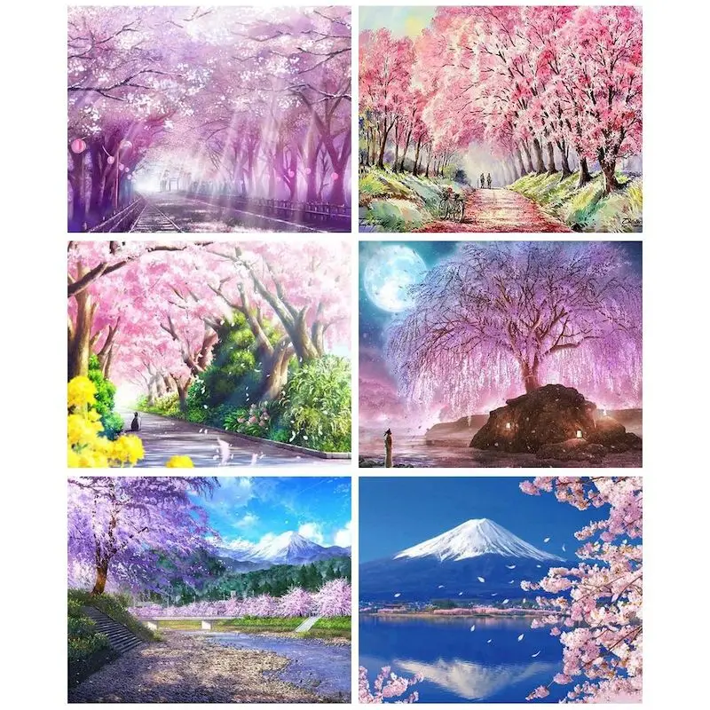 

CHENISTORY 5D Diamond Painting Cherry Blossoms Scenery Cross Stitch Picture DIY Diamond Embroidery Full Square Round Mosaic Kit