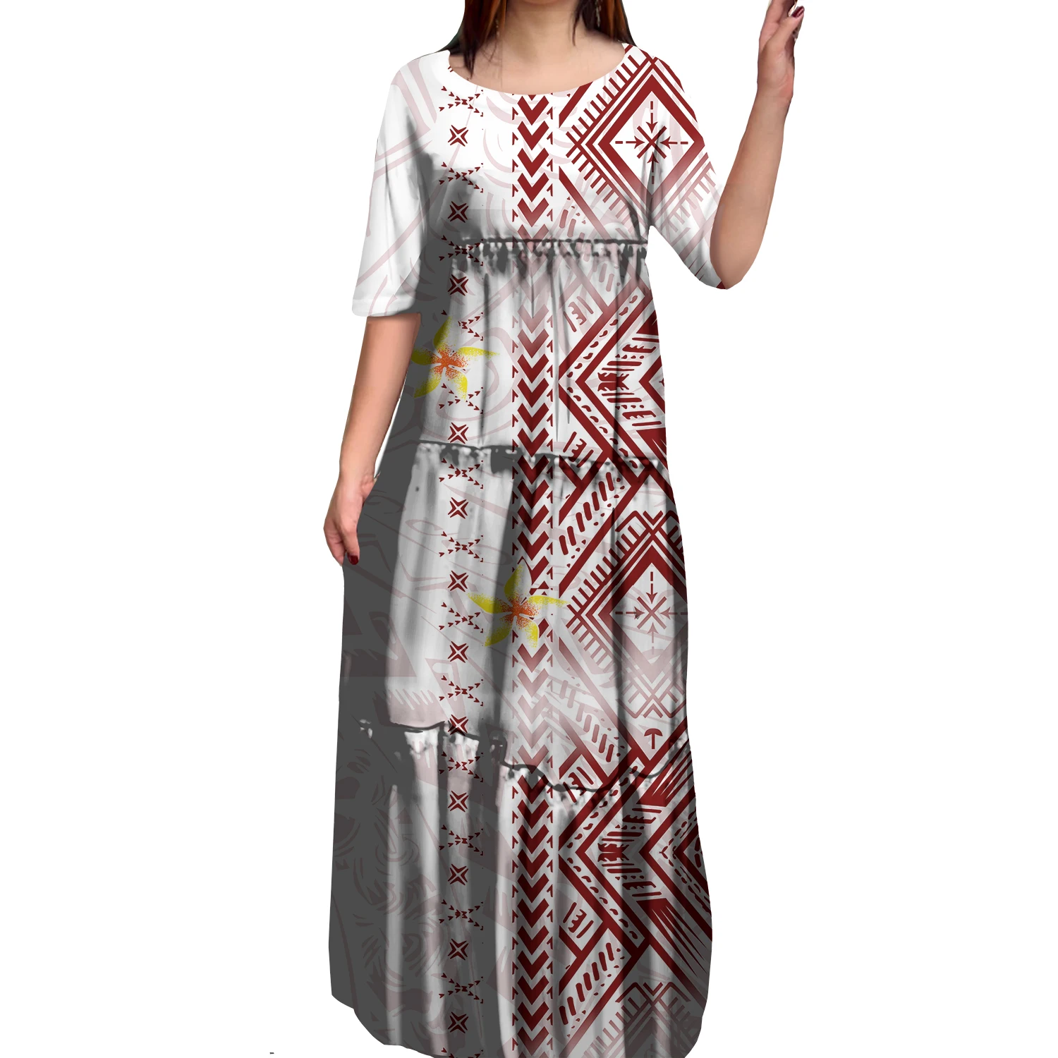 

Anti-wrinkle 8XL Polynesian Milk Silk O-neck Tiered Dress Hot Selling Pacific Island Art Hawaii Design Evening Mermaid Dresses