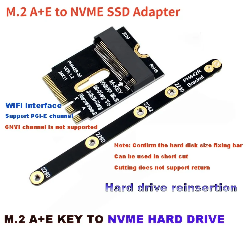 M.2 A+E to NVME SSD Adapter 2 WIFI Interface A/E Key to M Key PCIE 4.0 Riser Card with Bracket for 2230 2242 2260 2280 NVME SSD