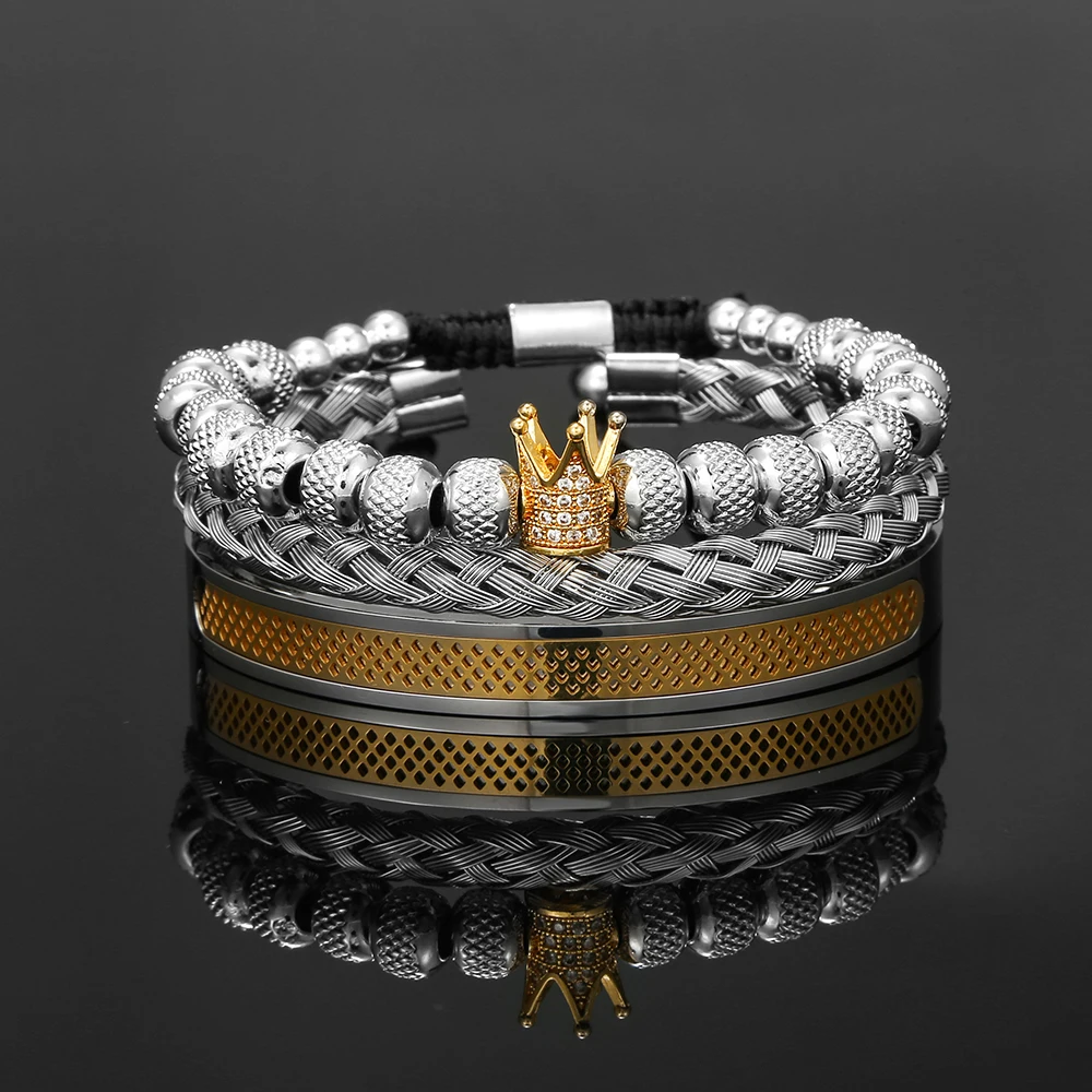 High Quality Stainless Steel Men'S Bracelet Sets Luxury Brand Male CZ Gold Color King Crown Beaded Bracelet Homme Men Jewelry