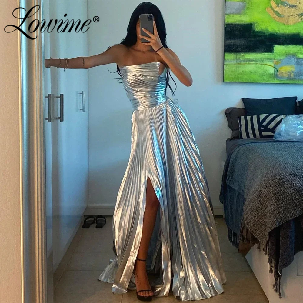 

Lowime Strapless Silver Evening Dresses A-Line Women Party Gowns Customize Long Prom Dress Arabic Evening Wear Vestidos De Festa