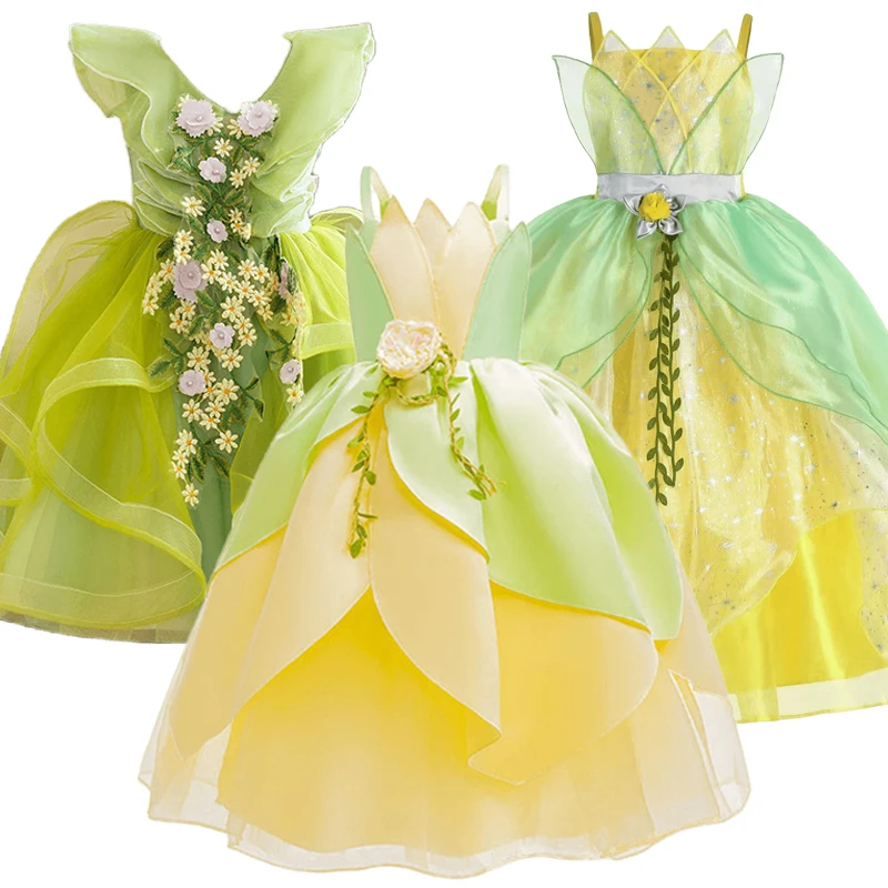 Tianas Dress Princess Frog Cosplay Flower Clothette Halloween Girls Kids Party Infant Wedding Birthday Costumes Stage Performance