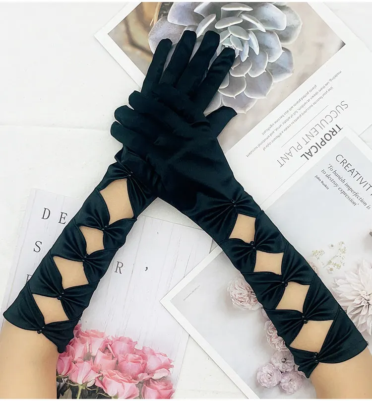 Handmade Long Wedding Bridal Gloves for Wedding Elastic Satin Beading Finger Opera Gloves for Prom guantes de novia para boda